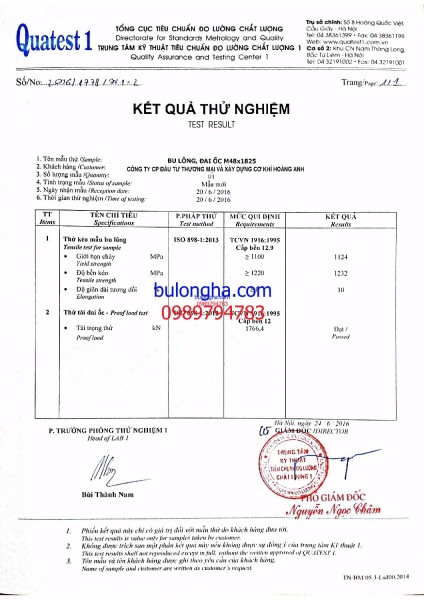 Kết quả thí nghiệm bu lông 12.9: M48x1825