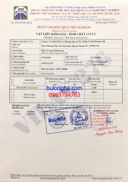 Kết quả test bulong