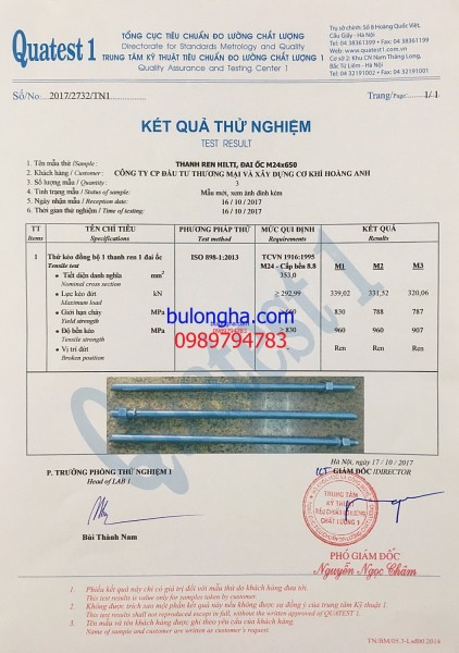 Chứng chỉ chất lượng Thanh ren Hilti + Đai ốc M24x650